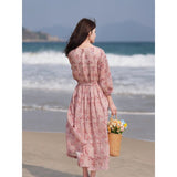 Literary and retro floral dress  summer new loose large size waist and thin temperament long dress five-quarter sleeves