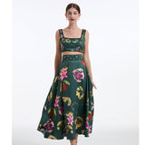 Real summer new product retro flower popping bead design metal short-sleeved zipper high-waisted pendulum top + skirt