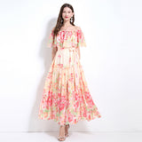 Summer new holiday style dress women's  high-end sense one-word shoulder ruffle edge waist thin floral dress