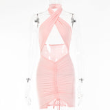 2025 women's clothing sexy babes ins style  summer new solid color neck halter drawstring pleated dress