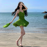 2025 Unique and beautiful neck-hanging chic suspender dress for women's summer small man looking thin pleated holiday seaside beach skirt