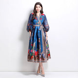 Popular trade women's clothing 2025 spring new V-neck ethnic style printed satin wrap long dress