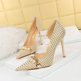 2025 8829-A1 Korean version high heel shallow mouth pointed side hollow cloth plaid pearl metal chain thousand bird grid single shoes