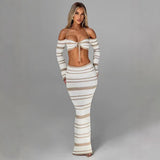 2025 HULIANFU popular New   Spice Girls Women's Clothing Suit Summer Stripe Long Sleeve Neck Top Skirt Two-piece Set Women