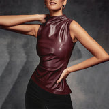 Sleeveless leather vest   women's clothing leather stand-up collar personalized waist irregular hem sleeveless top