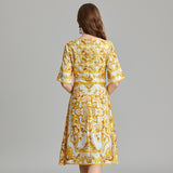 Real shot,  printing positioning round neck slim-fitting high-waisted dress, slim-fitting medium-sleeved A-shaped skirt is fashionable