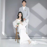 2025 White light wedding dress Korean temperament simple long-sleeved satin dress bride wedding engagement super fairy welcome door dress