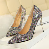 2025 9219-12  style fashion sexy nightclub women's shoes metal heel stiletto high heel light mouth pointed sequin single shoes
