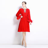 heavy industry handmade beaded luxury rhinestone dress two-color ostrich hair versatile dress with belt