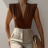 2025 New sexy babes sleeveless pleated onesie, spring fashion temperament V-neck loose and versatile bottoming shirt