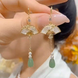 Chinese fan-shaped fringed earrings women's new Chinese style antique high-end folding fan earrings temperament elegant fan earrings