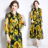 Qinghai Lake Travel Photography Ankle Dress Printed Chiffon Dress Large Size Long Sleeve Swing Seaside Holiday Beach Dress