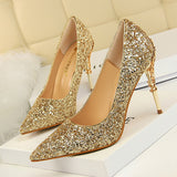 2025 9219-12  style fashion sexy nightclub women's shoes metal heel stiletto high heel light mouth pointed sequin single shoes