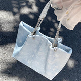 HULIANFU 2025 Female college students take advanced ink and wash blue shoulder bag denim pattern chain large-capacity large bag tote bag women
