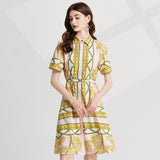 Baroque print three kinds of diamond-encrusted metal buckle elastic belt removable double door tube shirt dress with pockets