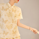 summer new national style new Chinese suit temperament butterfly embroidery stand-up collar short-sleeved top skirt N4033