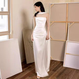 2025 simple light wedding dress bridal high-end satin tube top temperament white fishtail dress dress welcome out yarn