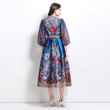 Popular trade women's clothing 2025 spring new V-neck ethnic style printed satin wrap long dress