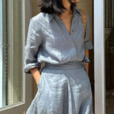 2025 spring and summer new linen shirt top wrap skirt set