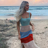 HULIANFU New summer 2025 INS style sexy vacation dress sleeveless suspender contrasting color side split hollow dress long dress women