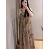 Cold wind cotton and linen suspender floral dress women's  summer new temperament thin medium and long dress women's doll skirt