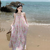 2025 2025 new neck floral super fairy dress, Thailand Sanya travel wear long dress, seaside vacation beach dress
