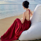 2025 temperament red heavy industry suspender dress women summer thin white seaside vacation beautiful big swing dress