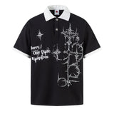 5530 n gender-neutral summer street tide retro painting printing design waffle men's lapel short-sleeved T-shirt