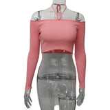 HULIANFU 2025 autumn and winter new 2025 solid color off-the-shoulder lace-up short top, open-button pit strip, one-word collar trendy knitted top for women