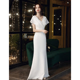 2025 High-end annual meeting evening dress, socialite banquet temperament, long sexy host, white fishtail  V-neck
