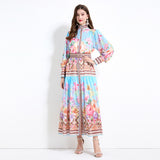 Popular trade women's clothing 2025 court style retro flower printing long-sleeved ruffle edge long dress chiffon two-piece set
