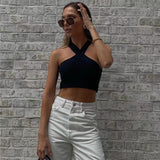 HULIANFU 2025  women's clothing bm sexy cross-neck knitted short outer wear with bottom sling vest top
