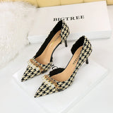 2025 8829-A1 Korean version high heel shallow mouth pointed side hollow cloth plaid pearl metal chain thousand bird grid single shoes