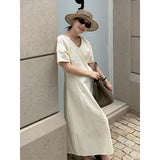 2025 THE MIND pleated V-neck dress 2025 thirteen lines summer new Korean simple long skirt 003AX