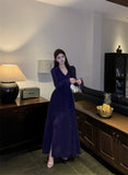 2025 sexy premium purple V-neck ruffle edge waist long-sleeved dress women's vacation atmosphere dress long dress