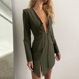 2025 design sense irregular slit short skirt women's  summer new long-sleeved hollow V-neck strap dress