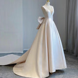 2025 V-neck satin light wedding dress bridal halter bow door dress trailing  princess celebrity welcome dress