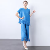 Miyake 2025 style pleated fringed design sense loose irregular top thin wide-leg pants two-piece suit women