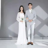 2025 White light wedding dress Korean temperament simple long-sleeved satin dress bride wedding engagement super fairy welcome door dress