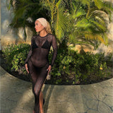 HULIANFU New spring and summer  2025 new sexy hollow perspective vacation solid color backless knitted long dress women