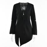 2025 design sense irregular slit short skirt women's  summer new long-sleeved hollow V-neck strap dress