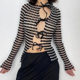 HULIANFU popular 2025 ins wind sweater cardigan design sense hollow contrasting color bow lace-up bottom long-sleeved women's top