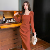 2025 Early autumn new square neck long-sleeved dress women's  high-end sense solid color light and mature style temperament slit medium and long skirt