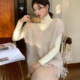 2025 popular autumn and winter temperament fringed loose vest V-neck sleeveless alpaca knitted sweater women 25040