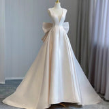 2025 V-neck satin light wedding dress bridal halter bow door dress trailing  princess celebrity welcome dress