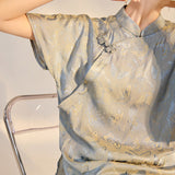 National style butterfly print stand-up collar short-sleeved silk shirt women's new Chinese style Guochao fashion temperament T-shirt M6027