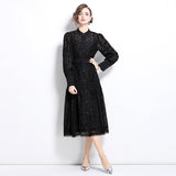 Court style dress women's  new heavy industry embroidery hollow flower breasted slim fit medium and long lantern sleeve dress