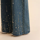 2025 Hot Trade Spice Girls High Street Rhinestones Meteor Design Low Waist Jeans Rough Edge High Sense Autumn and Winter Straight Wide Legs
