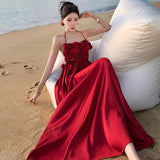 2025 temperament red heavy industry suspender dress women summer thin white seaside vacation beautiful big swing dress