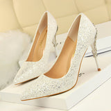 2025 9219-12  style fashion sexy nightclub women's shoes metal heel stiletto high heel light mouth pointed sequin single shoes